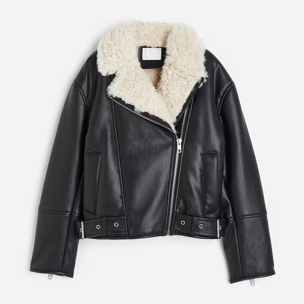 H&M Black Leather Jacket with Cream Collar